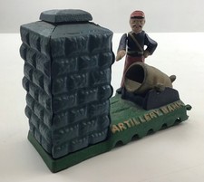 Cannon Artillery Bank Money Box-Painted Cast Iron Mechanical Union Soldier