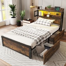 3FT Single Bed Frame with Storage Headboard and 2 Drawers, Metal Bed 135x190 cm