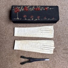 Antique Pair Of Long Kid Leather Evening Gloves with Glove Box & Stretcher