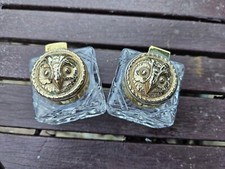 PAIR UNUSUAL OWL HEAVY BRASS GLASS INKWELL INK BOTTLES FOUNTAIN PEN 