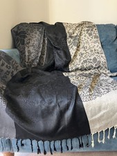 Vintage Throw Shawl Scarf Wrap Floral Black Cream Grey Chair Throw Wall Hanging