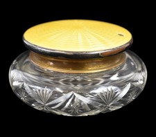 Vintage Cut Glass & Yellow Guilloche Enamel Lid Art Deco Dressing Table Jar