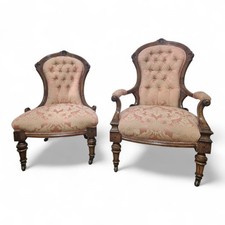Antique Victorian Pair of carved walnut parlour salon / bedroom chairs