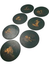 Vintage Asian Hand Painted Wooden Decorative Disc Set of 7 Home Collectables 