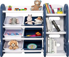 GYMAX Toy Organizer and Bookshelf, Kids Storage Shelf with 6 Movable Bins (Blue)