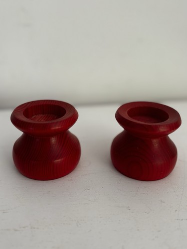 Pair red wooden candlesticks - wooden,