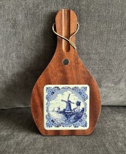 💜 Vintage Dutch Delft Windmill Tile Hanging Cheese Cutting Board Blue White