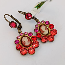 Michal Negrin Earrings Victorian Revival Cameo Orange Red Pink Purple Crystals