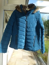 Joules Gosway Dark Teal Fur Trim Hooded Quilted Jacket Size UK 16