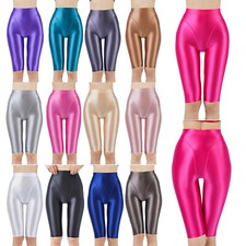 Womens Shiny Glossy High Waist Stretchy Biker Shorts Tights Yoga Fitness Panties