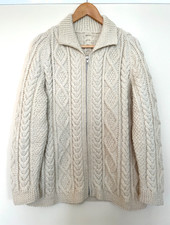 Aran Wool Cardigan Size M-L Cream Cable Chunky Hand Knitted Zipped Unisex