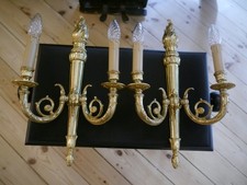 LARGE WALL LAMP PAIR ANTIQUE FRENCH SHINY BRASS SCONCES TORCH SHAPE