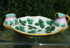 MINTON MAJOLICA GEORGE JONES STRAWBERRY DISH WITH CREAM AND SUGAR VICTORIAN