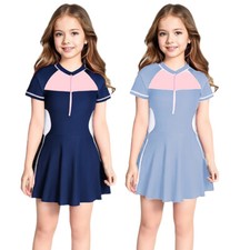 Teen Girls One-piece Short Sleeve Swim Dress Swimsuit Bathing Suit Rash Guard 