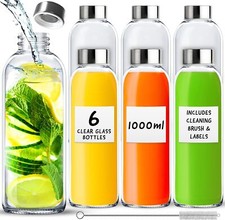 6-Pack Reusable Glass Bottles with Lids for Juice Milk Water Smoothie 250ml-1L