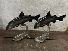 Pair Of Ceramic Trout Decorative Fish Figurines Glass With Stands
