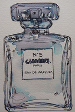 Original Pen & ink wash drawing of a bottle of Chanel No 5 Eau de Parfum perfume