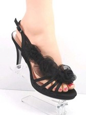 Black satin slingback shoes 3.25'' heel chiffon rose flower
