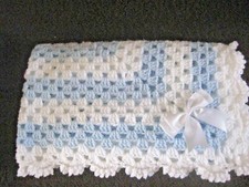 LOVELY HAND CROCHET BABY BLANKET IN WHITE/BLUE (1)