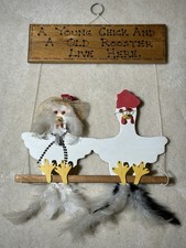 Wooden Hanging Sign A Young Chick and Old Rooster. New.