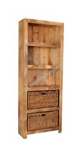 SOLID MANGO WOOD BOOKCASE WITH RATTAN STORAGE BOXES NEW INDIAN FURNITURE