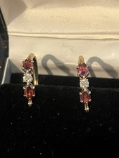 Hallmarked 9ct Yellow gold Garnet & Diamond Hoop Earrings