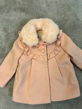 MONSOON Baby Girl Pink Wool Blend Dress Coat 12-18 Months Faux Fur Collar VGC
