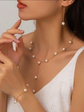 UK Jewelry Women Ladies 4pcs Pearl Necklace Earrings Bracelet Set Gold Wedding