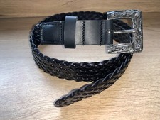 Black Plaited Braided Real Leather Belt Celtic Dark Chrome Buckle 38mm C5
