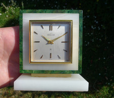 ANGELUS 8-day Carriage/Mantel Clock Malachite & White Onyx Ormolu Case Swiss