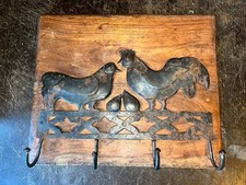 Antique Wood & Iron Chicken Farmhouse Coat & Hat Rack Wall Mount Cottagecore
