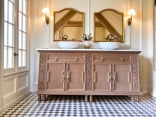 Large Double oak vanity unit, Quartz Top, Upstand And Two Basins 185cm Wide