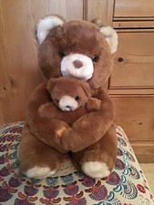 Vintage Chad Valley Brown Hugging Teddy Mama Bear & Cub Baby Soft Plush Toy 12"