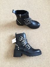 Zara Black Leather Studded Straps Military Biker Ankle Boots UK7 EU40 US9 593