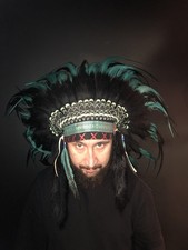 Adult Size Turquoise Blue Native American Indian Chief Feather Headdress Western