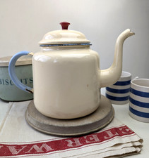 Vintage Enamel Kettle Teapot Cream & Baby Blue Clean Inside Plenty of Character!