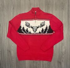 Vintage CHAPS Cotton ¼ Zip Neck Jumper/Sweater Red/Beige/Black Moose Antlers L