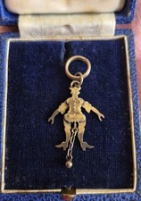 Charming! Antique Miniature Gilt  Articulated Jester Clown Man Fob Charm