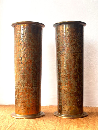 Brass enamel vases pair - brass,