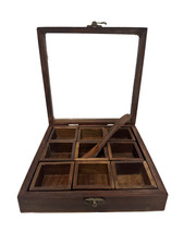 Rustic Wooden 9 Compartment Herb/Spice Box with Spoon – Kitchen Counter Storage