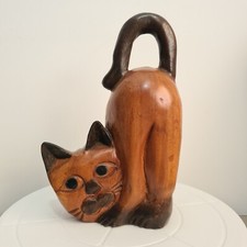 Wooden Cat Large Ornament or Door Stop 22cm Handcrafted Wood VGC 