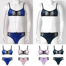 UK Mens Satin Lingeries Sets Sissy Crossdress Nightwears Mesh Bra Top Briefs