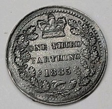 1885 Victorian Queen Victoria Bun Head One Third Farthing coin