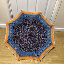 Rare Vintage Blue & Orange Pattern Umbrella With Unique Handle - 85cm Tall