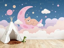 3D Cartoon Bear Moon Cloud Kids Self-adhesive Removeable Wallpaper Wall Mural