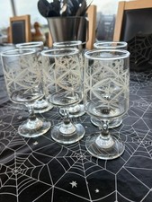 Set Of 6 Vintage Stemmed etched Liqueur / Port / Shot Glasses