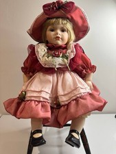 Leonardo Collection Porcelain Doll Red & Pink Dress Hat Chair Vintage 1990s