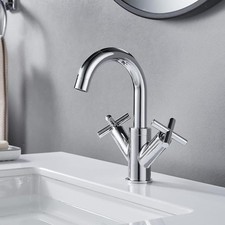 Basin Mixer Tap, Dual Cross Handle Swivel Spout Bathroom Sink Taps with Pop Up W