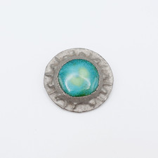 Green Ruskin Pottery Shield Brooch with Pewter on Brass in Arts and Craft Style
