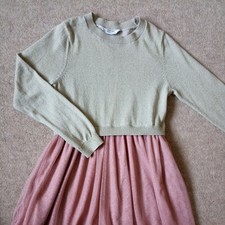 M&S Girls party gold & pink glittery dress long sleeves age 7-8 years VGC